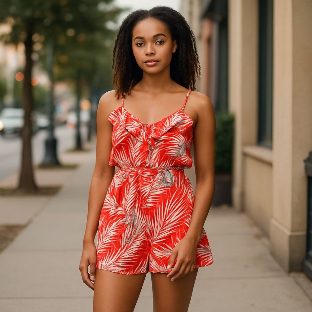 SHEIN Red Leaf Print Jumpsuit